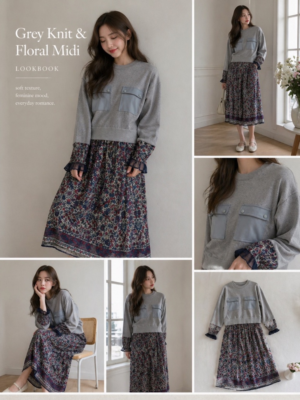 Source Unknown Grey Knit Top with Floral Midi Skirt
